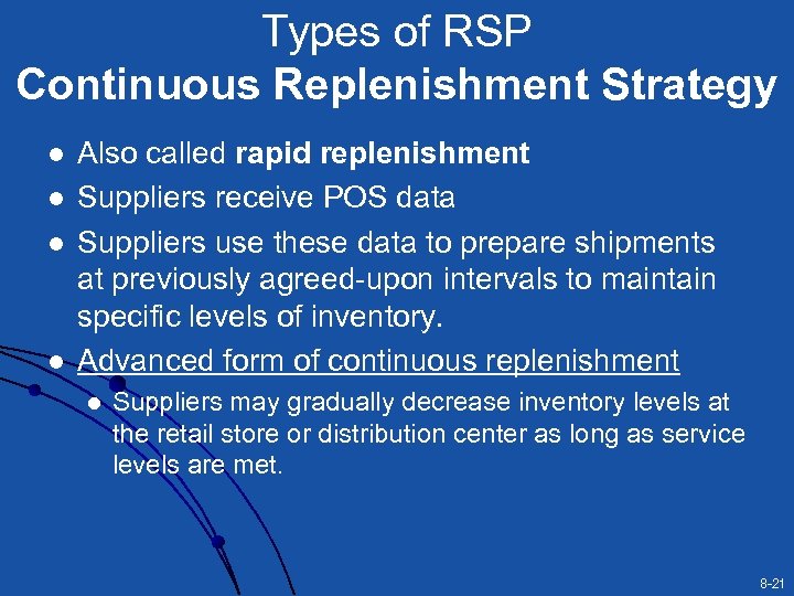 Types of RSP Continuous Replenishment Strategy l l Also called rapid replenishment Suppliers receive