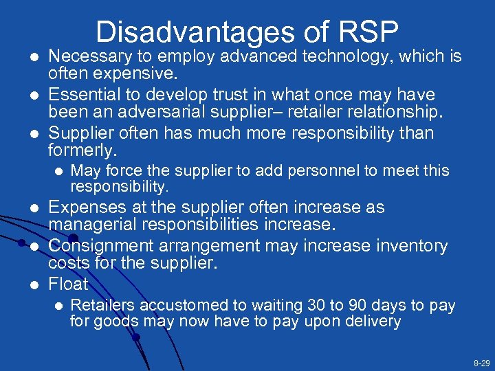 Disadvantages of RSP l l l Necessary to employ advanced technology, which is often