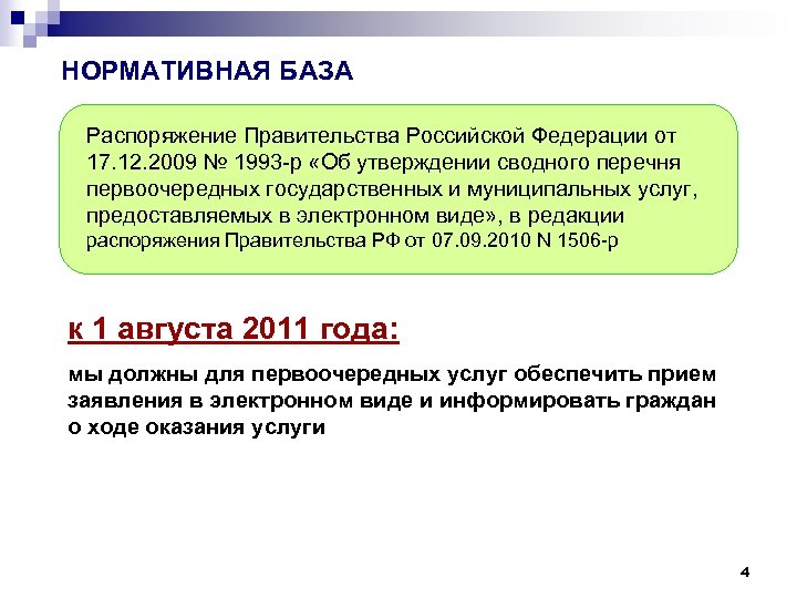 НОРМАТИВНАЯ БАЗА Распоряжение Правительства Российской Федерации от 17. 12. 2009 № 1993 -р «Об