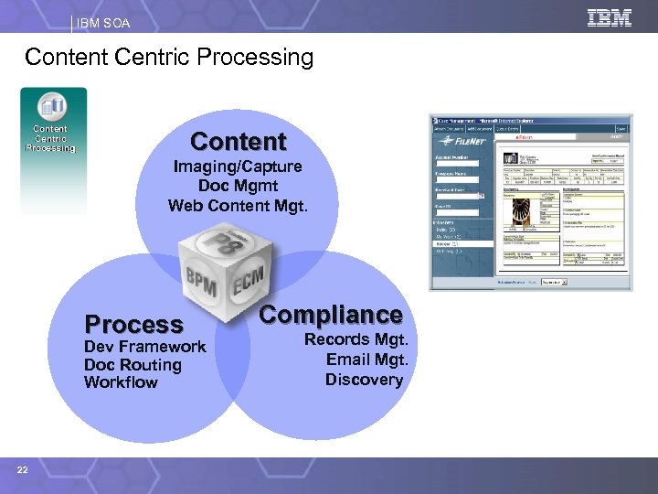 IBM SOA Content Centric Processing Content Imaging/Capture Doc Mgmt Web Content Mgt. Process Dev