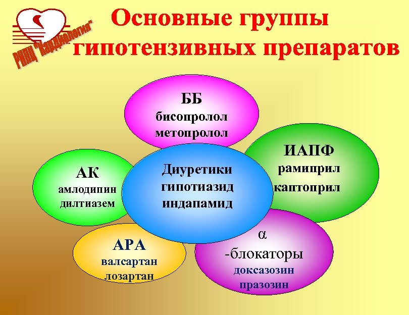 ББ бисопролол метопролол ИАПФ АК амлодипин дилтиазем АРА валсартан лозартан Диуретики гипотиазид индапамид рамиприл