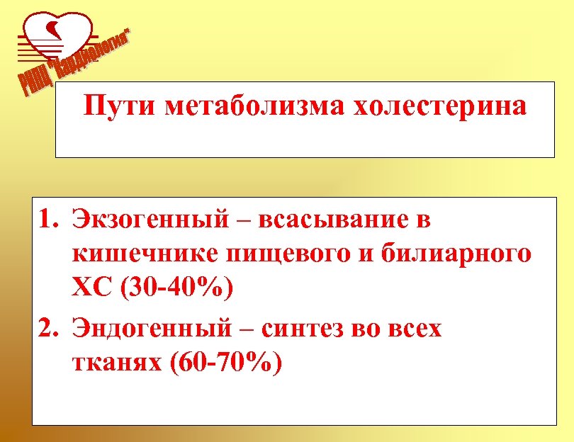 Пути метаболизма холестерина 1. Экзогенный – всасывание в кишечнике пищевого и билиарного ХС (30