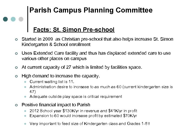 Parish Campus Planning Committee Facts: St. Simon Pre-school ¢ Started in 2009 as Christian