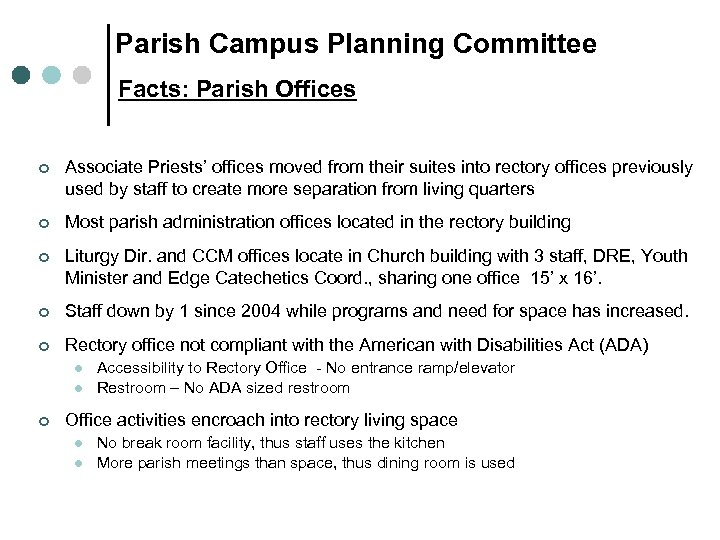 Parish Campus Planning Committee Facts: Parish Offices ¢ Associate Priests’ offices moved from their