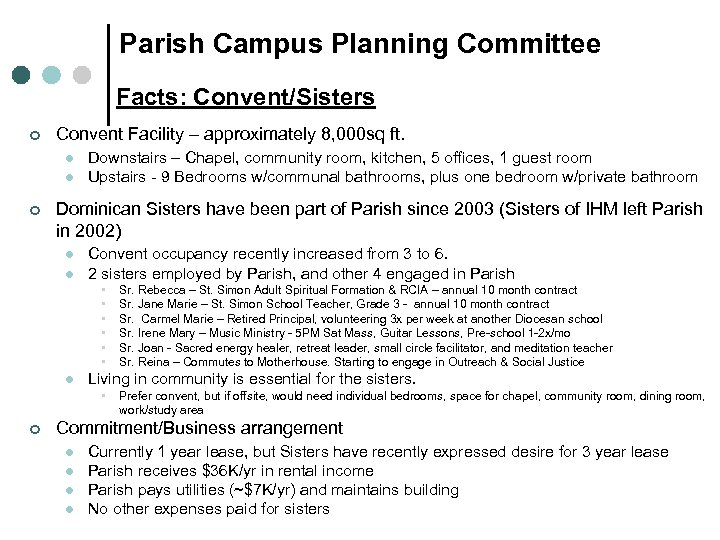 Parish Campus Planning Committee Facts: Convent/Sisters ¢ Convent Facility – approximately 8, 000 sq