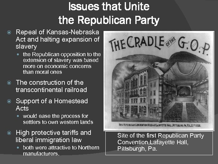 Issues that Unite the Republican Party Repeal of Kansas-Nebraska Act and halting expansion of