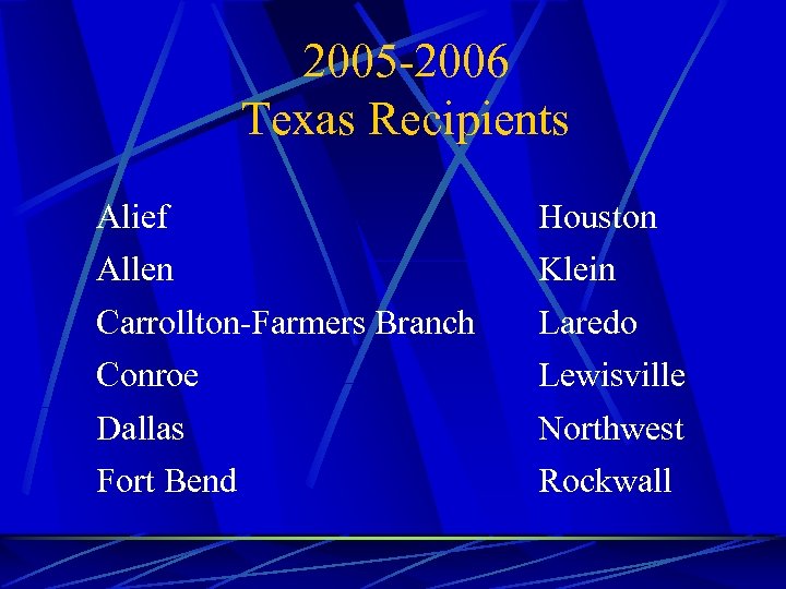 2005 -2006 Texas Recipients Alief Houston Allen Klein Carrollton-Farmers Branch Laredo Conroe Lewisville Dallas