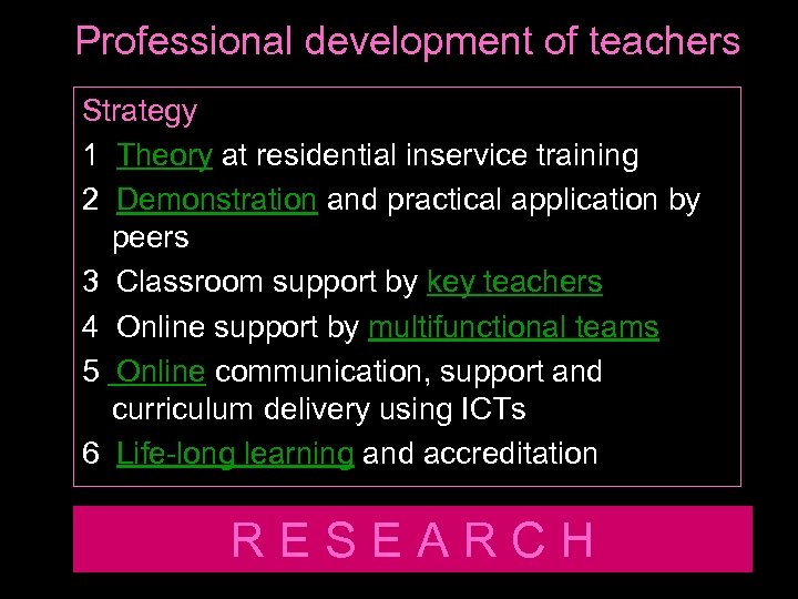Professional development of teachers Strategy 1 Theory at residential inservice training 2 Demonstration and