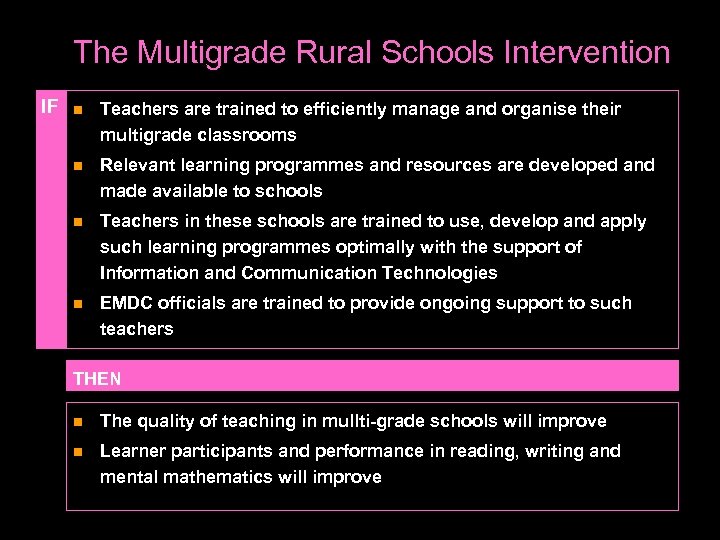 The Multigrade Rural Schools Intervention IF Teachers are trained to efficiently manage and organise