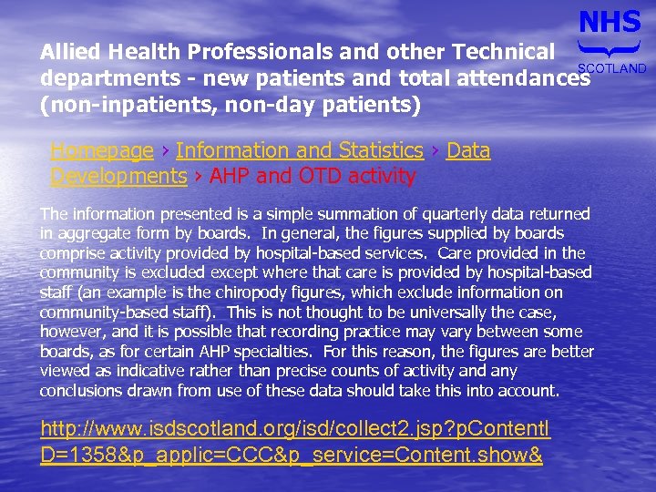 NHS } Allied Health Professionals and other Technical SCOTLAND departments - new patients and