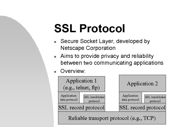 SSL Protocol n n n Secure Socket Layer, developed by Netscape Corporation Aims to