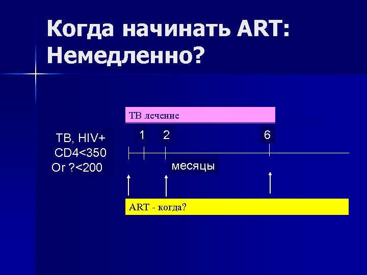 Когда начинать ART: Немедленно? TB лечение TB, HIV+ CD 4<350 Or ? <200 1