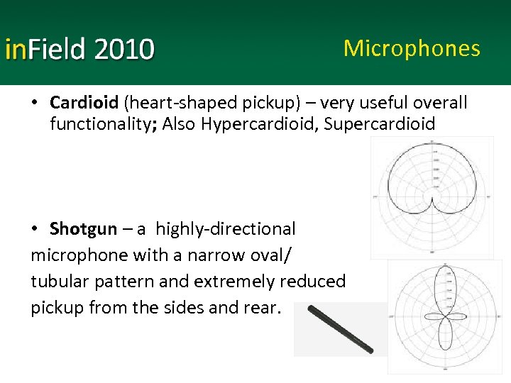 Microphones • Cardioid (heart-shaped pickup) – very useful overall functionality; Also Hypercardioid, Supercardioid •