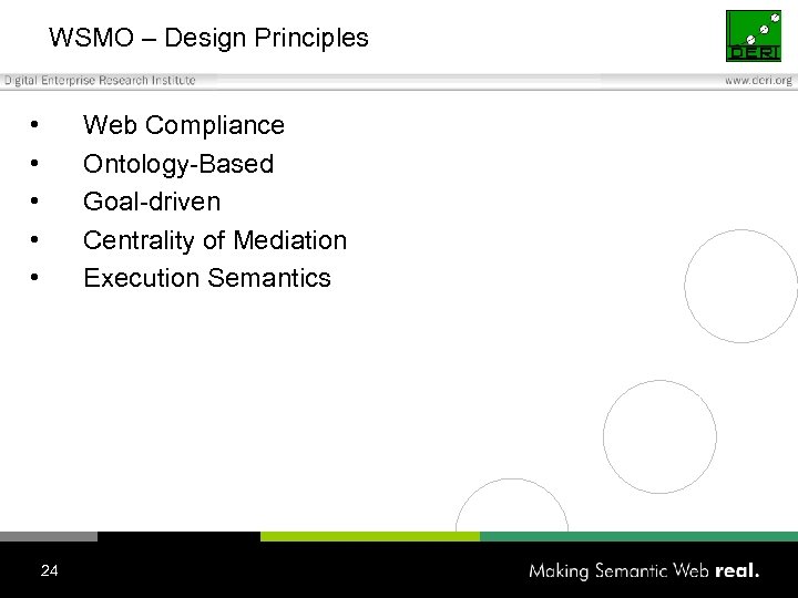 WSMO – Design Principles • • • Web Compliance Ontology-Based Goal-driven Centrality of Mediation