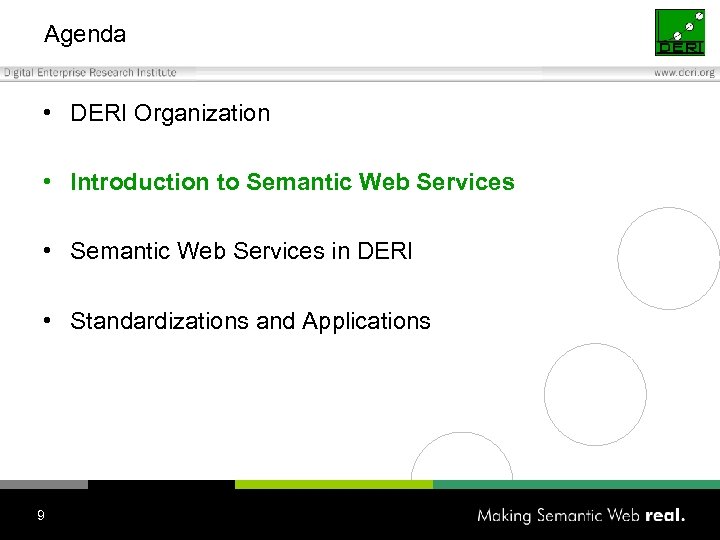 Agenda • DERI Organization • Introduction to Semantic Web Services • Semantic Web Services