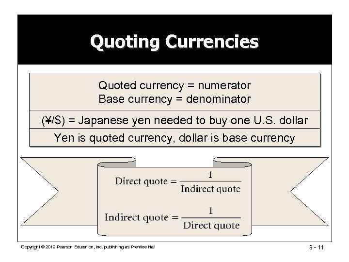 Quoting Currencies Quoted currency = numerator Base currency = denominator (¥/$) = Japanese yen