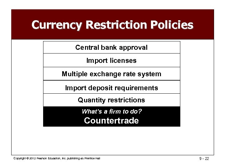 Currency Restriction Policies Central bank approval Import licenses Multiple exchange rate system Import deposit