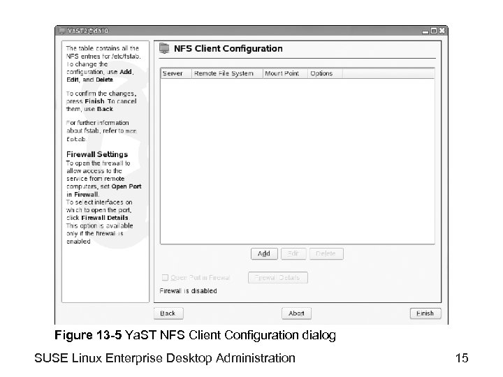 Figure 13 -5 Ya. ST NFS Client Configuration dialog SUSE Linux Enterprise Desktop Administration