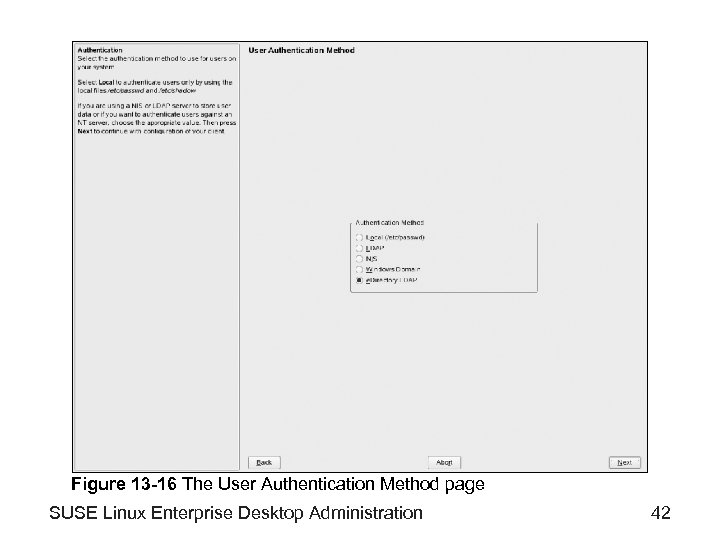 Figure 13 -16 The User Authentication Method page SUSE Linux Enterprise Desktop Administration 42