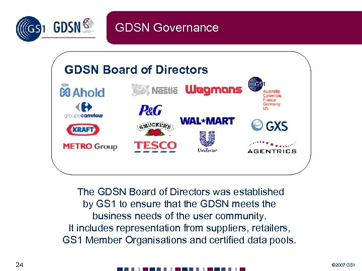 GDSN Governance GDSN Board of Directors The GDSN Board of Directors was established by