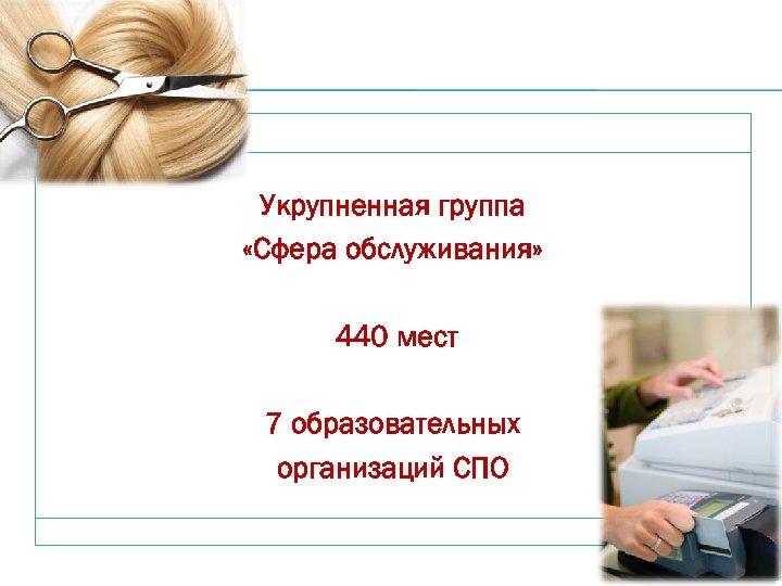 Укрупненная группа «Сфера обслуживания» 440 мест 7 образовательных организаций СПО 11 