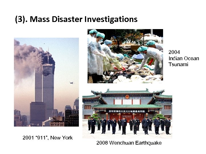 (3). Mass Disaster Investigations 2004 Indian Ocean Tsunami 2001 “ 911”, New York 2008