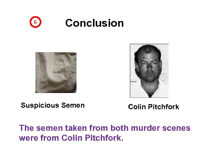 6 Conclusion Suspicious Semen Colin Pitchfork The semen taken from both murder scenes were