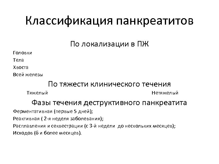 Классификация панкреатитов По локализации в ПЖ Головки Тела Хвоста Всей железы По тяжести клинического