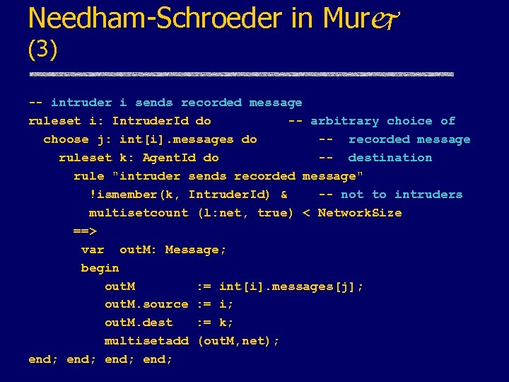 Needham-Schroeder in Murj (3) -- intruder i sends recorded message ruleset i: Intruder. Id