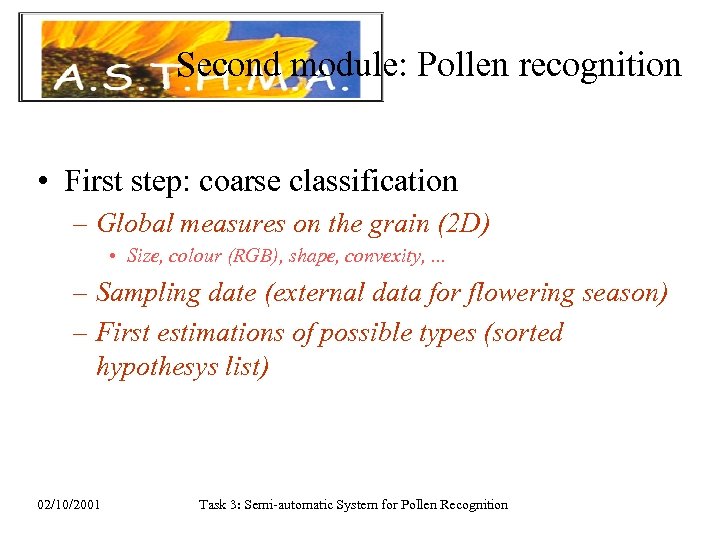 Second module: Pollen recognition • First step: coarse classification – Global measures on the