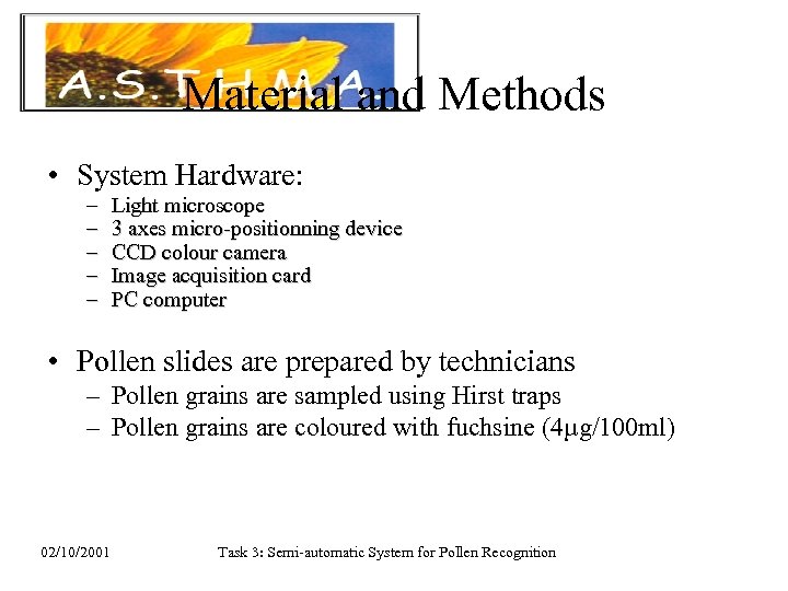 Material and Methods • System Hardware: – – – Light microscope 3 axes micro-positionning
