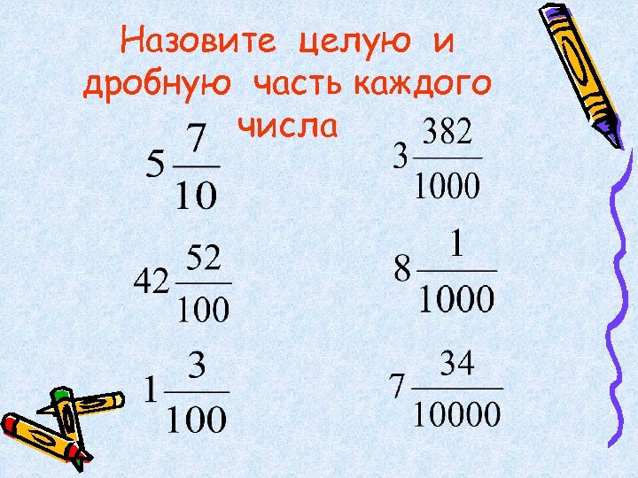 Назовите целую и дробную часть каждого числа 