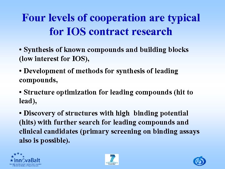 Four levels of cooperation are typical for IOS contract research • Synthesis of known