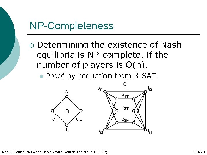 NP-Completeness ¡ Determining the existence of Nash equilibria is NP-complete, if the number of