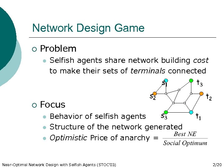 Network Design Game ¡ Problem l ¡ Selfish agents share network building cost to