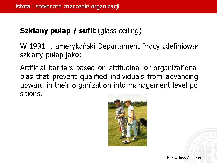 Istota i społeczne znaczenie organizacji Szklany pułap / sufit (glass ceiling) W 1991 r.