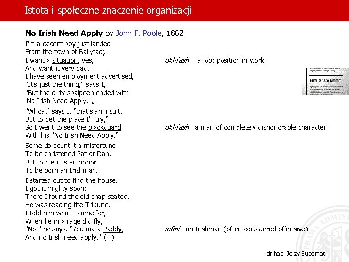 Istota i społeczne znaczenie organizacji No Irish Need Apply by John F. Poole, 1862