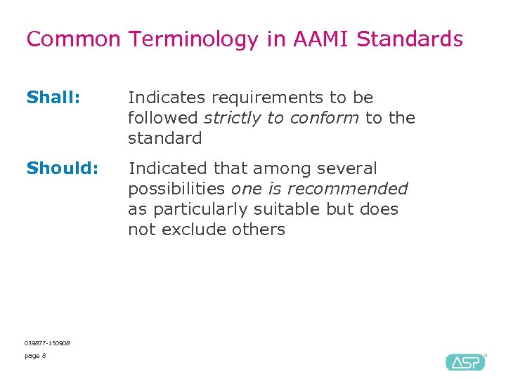 Common Terminology in AAMI Standards Shall: Indicates requirements to be followed strictly to conform