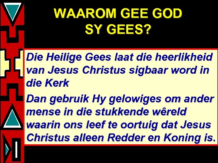 WAAROM GEE GOD SY GEES? Die Heilige Gees laat die heerlikheid van Jesus Christus