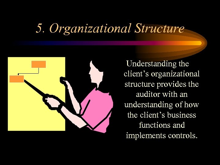5. Organizational Structure Understanding the client’s organizational structure provides the auditor with an understanding
