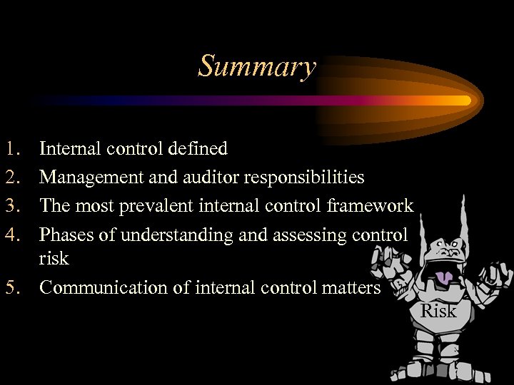 Summary 1. 2. 3. 4. Internal control defined Management and auditor responsibilities The most