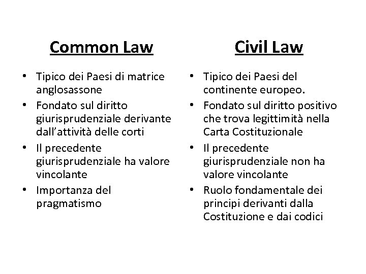 Common Law • Tipico dei Paesi di matrice anglosassone • Fondato sul diritto giurisprudenziale