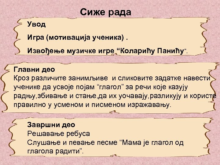 Сиже рада Увод Игра (мотивација ученика). Извођење музичке игре “Коларићу Панићу”. Главни део Кроз