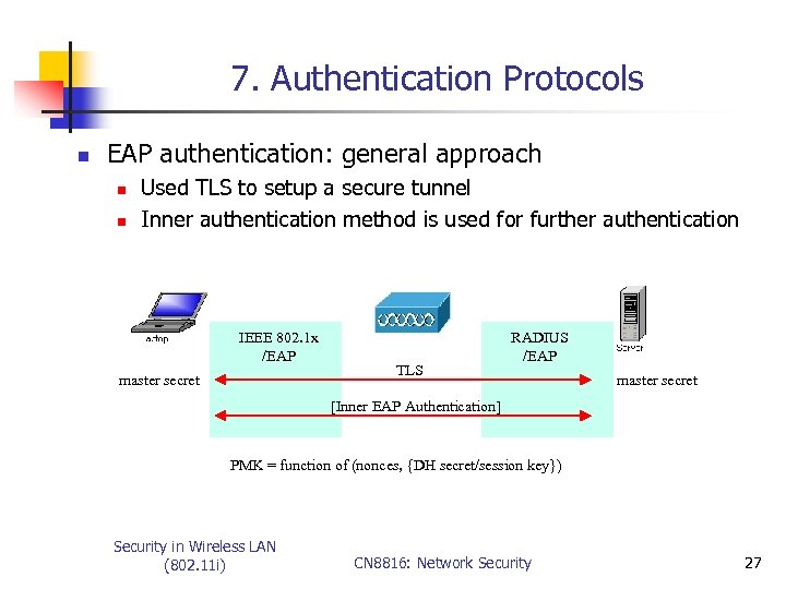 7. Authentication Protocols n EAP authentication: general approach n n Used TLS to setup