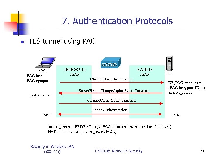 7. Authentication Protocols n TLS tunnel using PAC-key PAC-opaque IEEE 802. 1 x /EAP