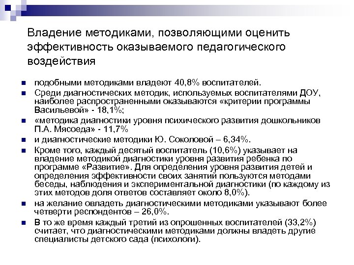 Владение методиками, позволяющими оценить эффективность оказываемого педагогического воздействия n n n n подобными методиками