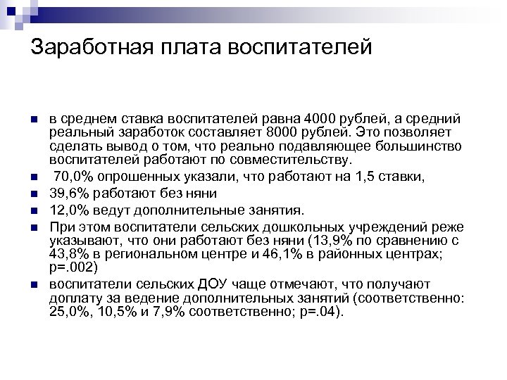 Заработная плата воспитателей n n n в среднем ставка воспитателей равна 4000 рублей, а