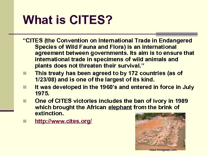 What is CITES? “CITES (the Convention on International Trade in Endangered Species of Wild