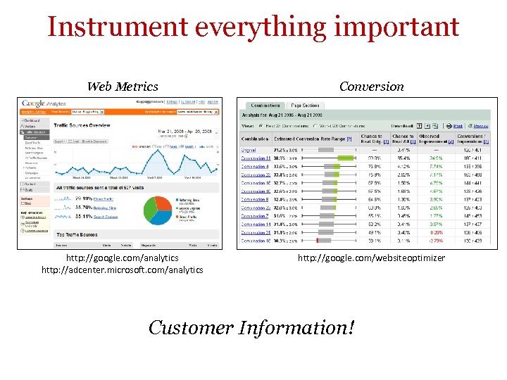 Instrument everything important Web Metrics Conversion http: //google. com/analytics http: //adcenter. microsoft. com/analytics http: