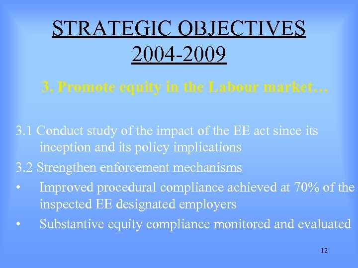 STRATEGIC OBJECTIVES 2004 -2009 3. Promote equity in the Labour market… 3. 1 Conduct